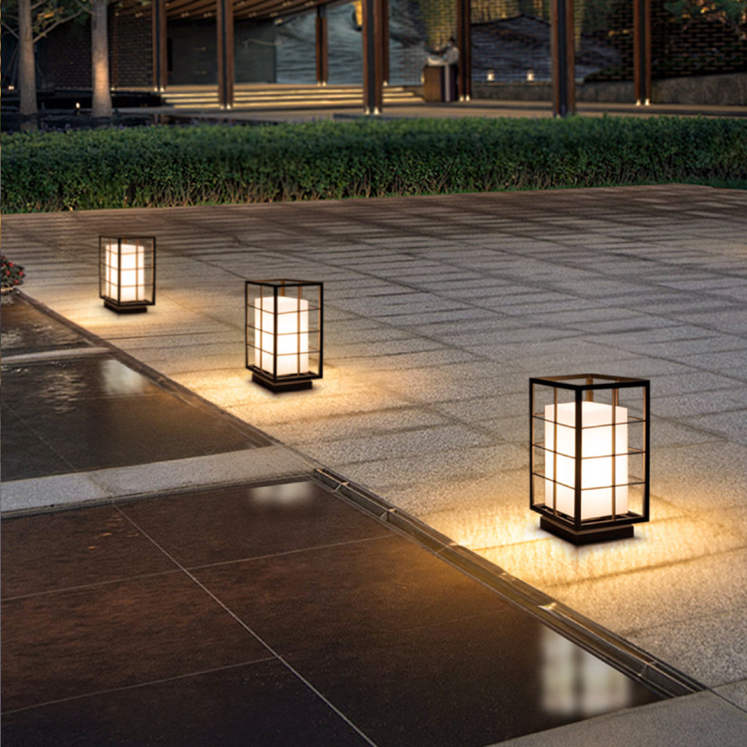 Modern Japanese Outdoor Lantern in Graphite Steel with Warm LED Glow