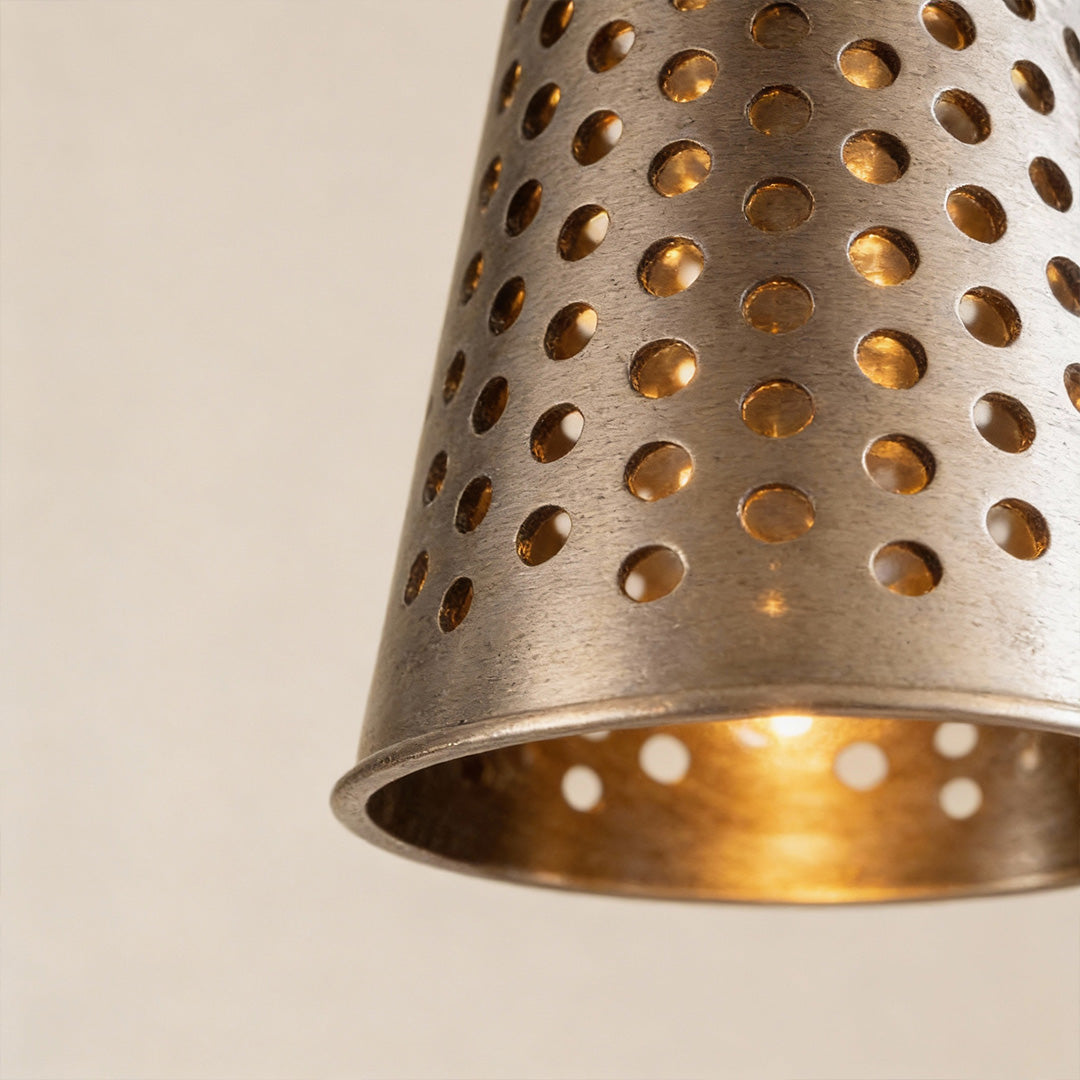 Brass Glass Ball Pendant Light with Perforated Metal Cone