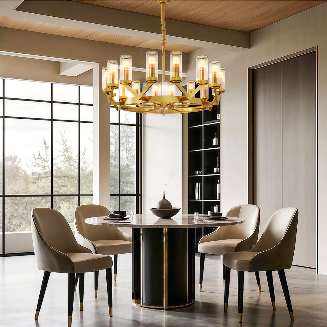 Lumière Cascade: Modern Copper Glass Drop Chandelier for Elegant Interiors