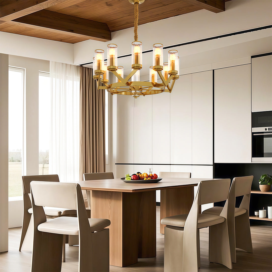Lumière Cascade: Modern Copper Glass Drop Chandelier for Elegant Interiors