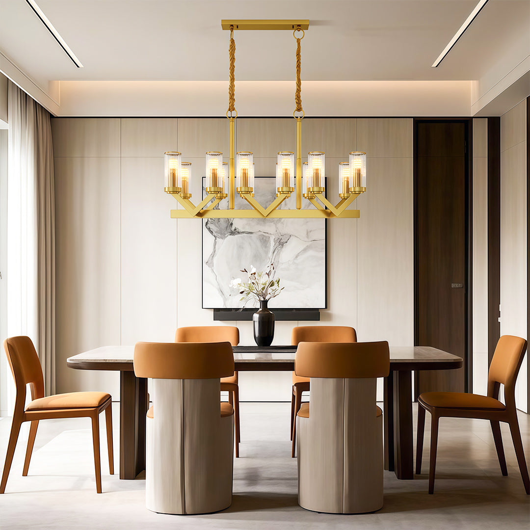 Lumière Cascade: Modern Copper Glass Drop Chandelier for Elegant Interiors