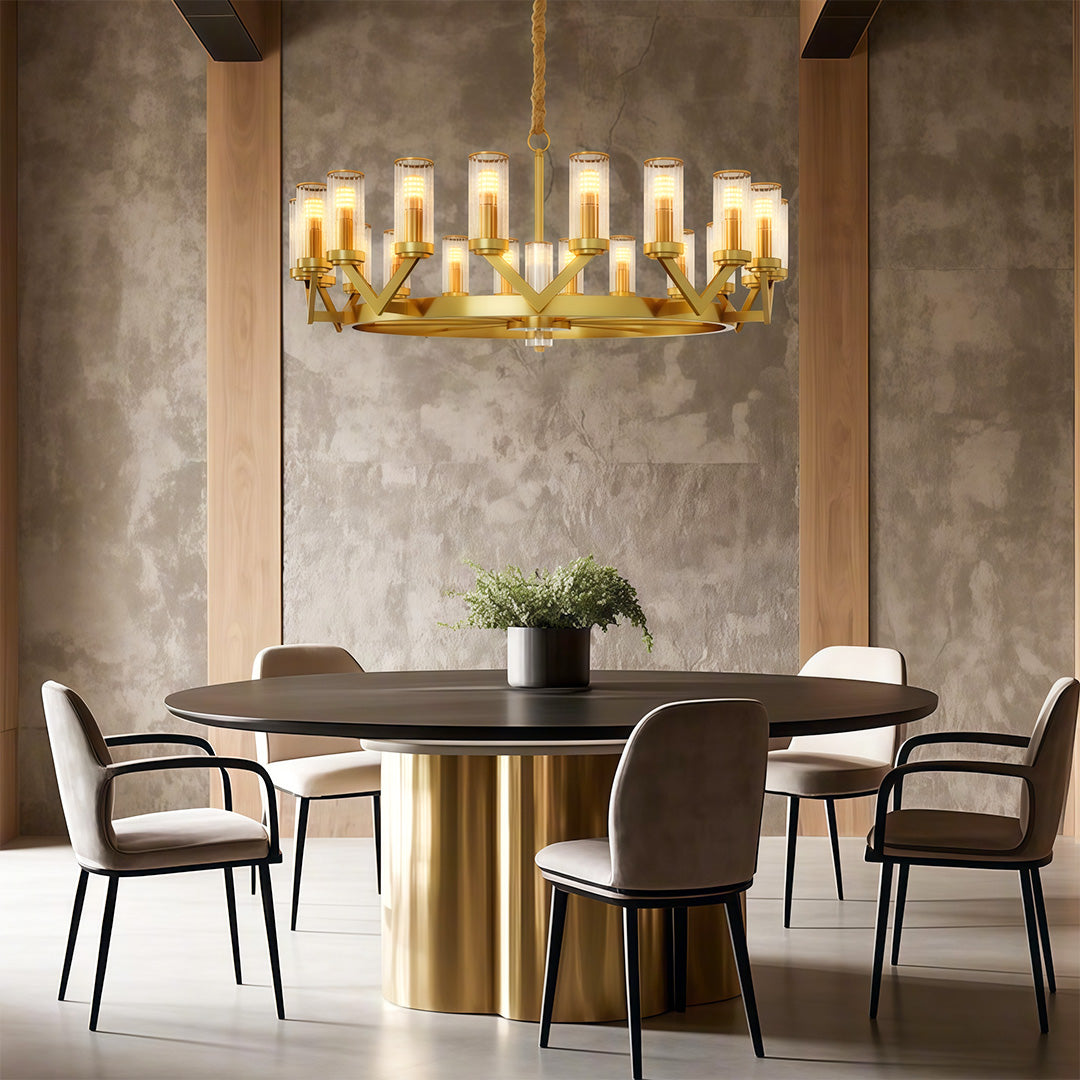 Lumière Cascade: Modern Copper Glass Drop Chandelier for Elegant Interiors