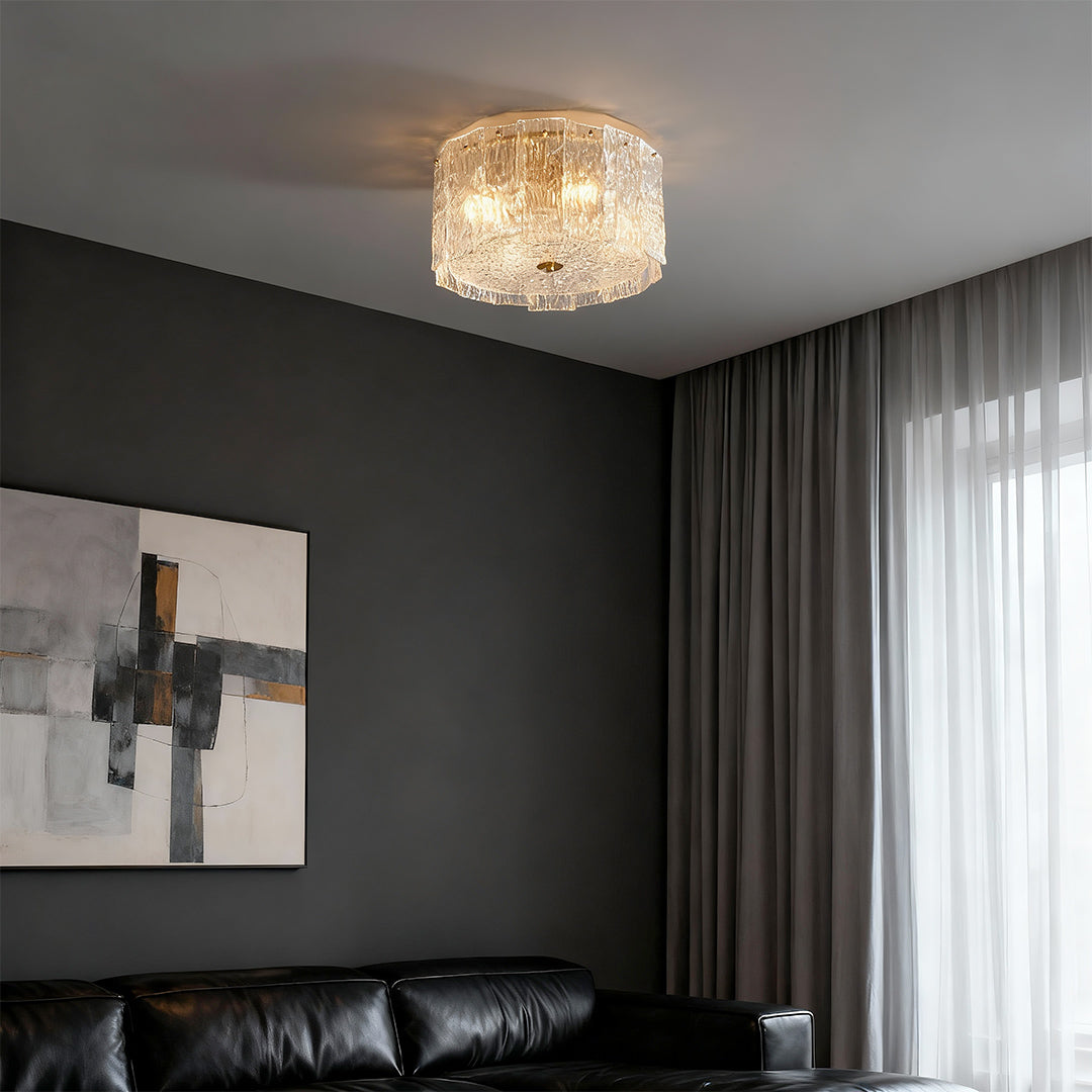 Full Copper Glass Flush Mount Ceiling Light, Modern Round Fixture for Bedroom and Living Room