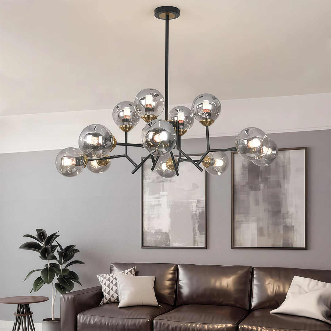 Aurelia Twelve-Light Glass Globe Chandelier in Black Iron