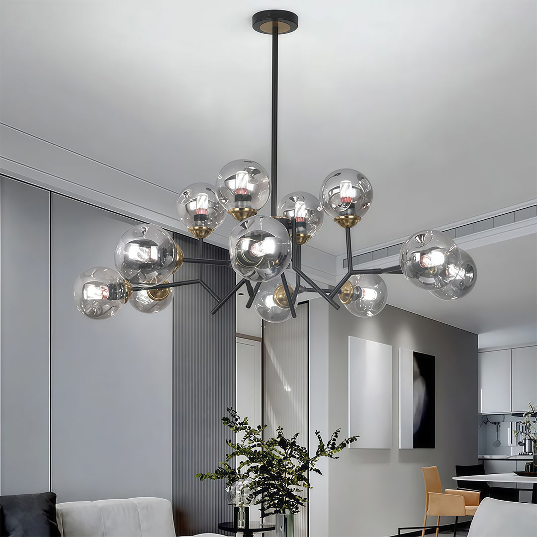 Aurelia Twelve-Light Glass Globe Chandelier in Black Iron