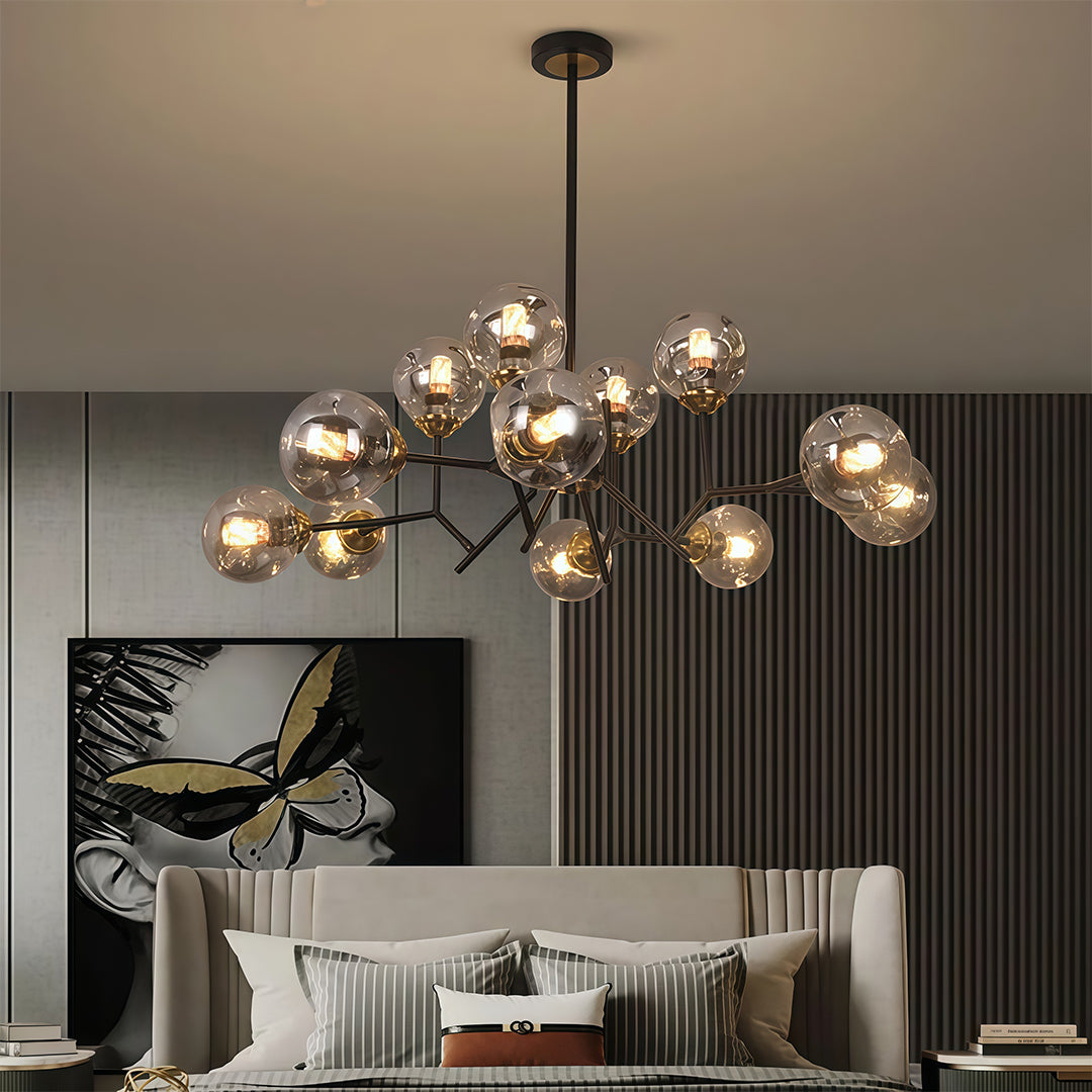 Aurelia Twelve-Light Glass Globe Chandelier in Black Iron