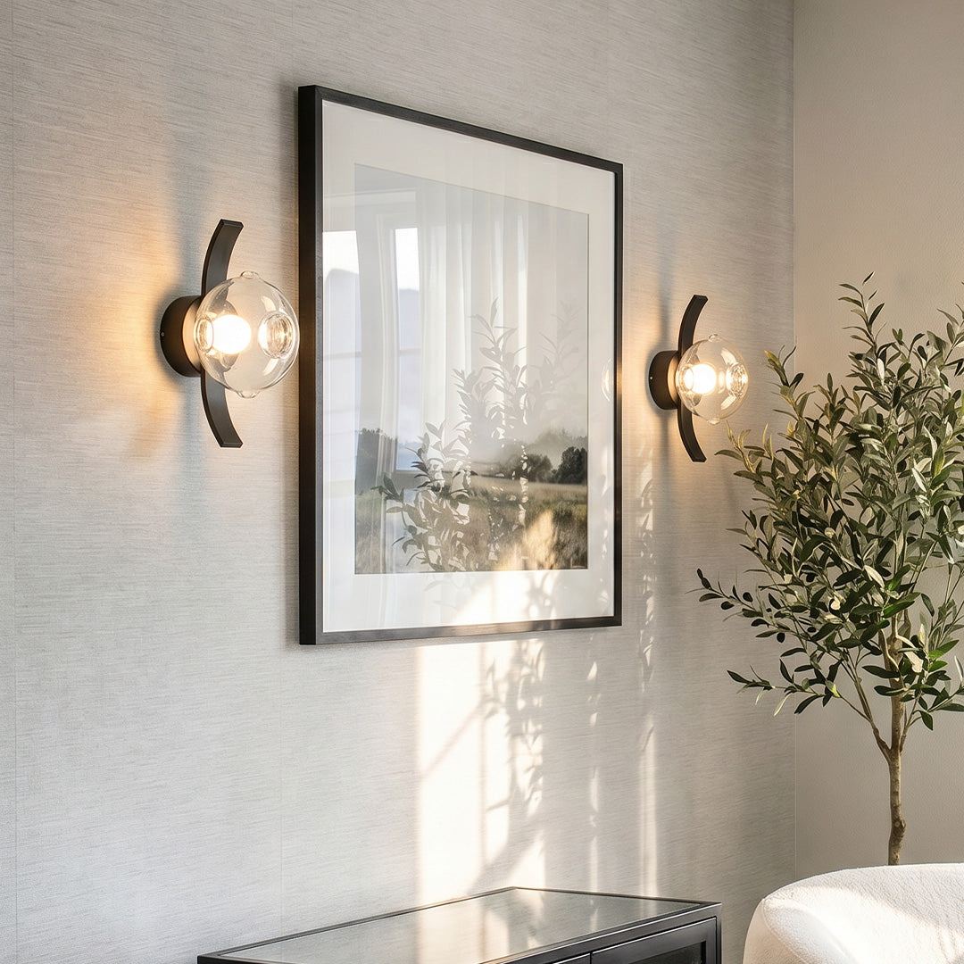 Modern Glass Wall Sconce with Black Iron Frame, Smoke Gray Shade, Dimmable LED