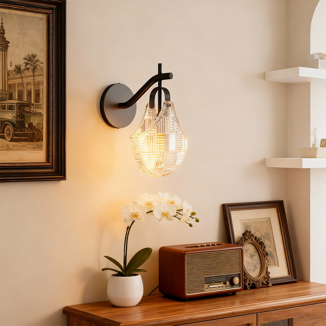 Luxury Minimalist Glass Wall Sconce with Copper Frame, Modern Decorative Lighting for Bedroom, Hallway, Living Room