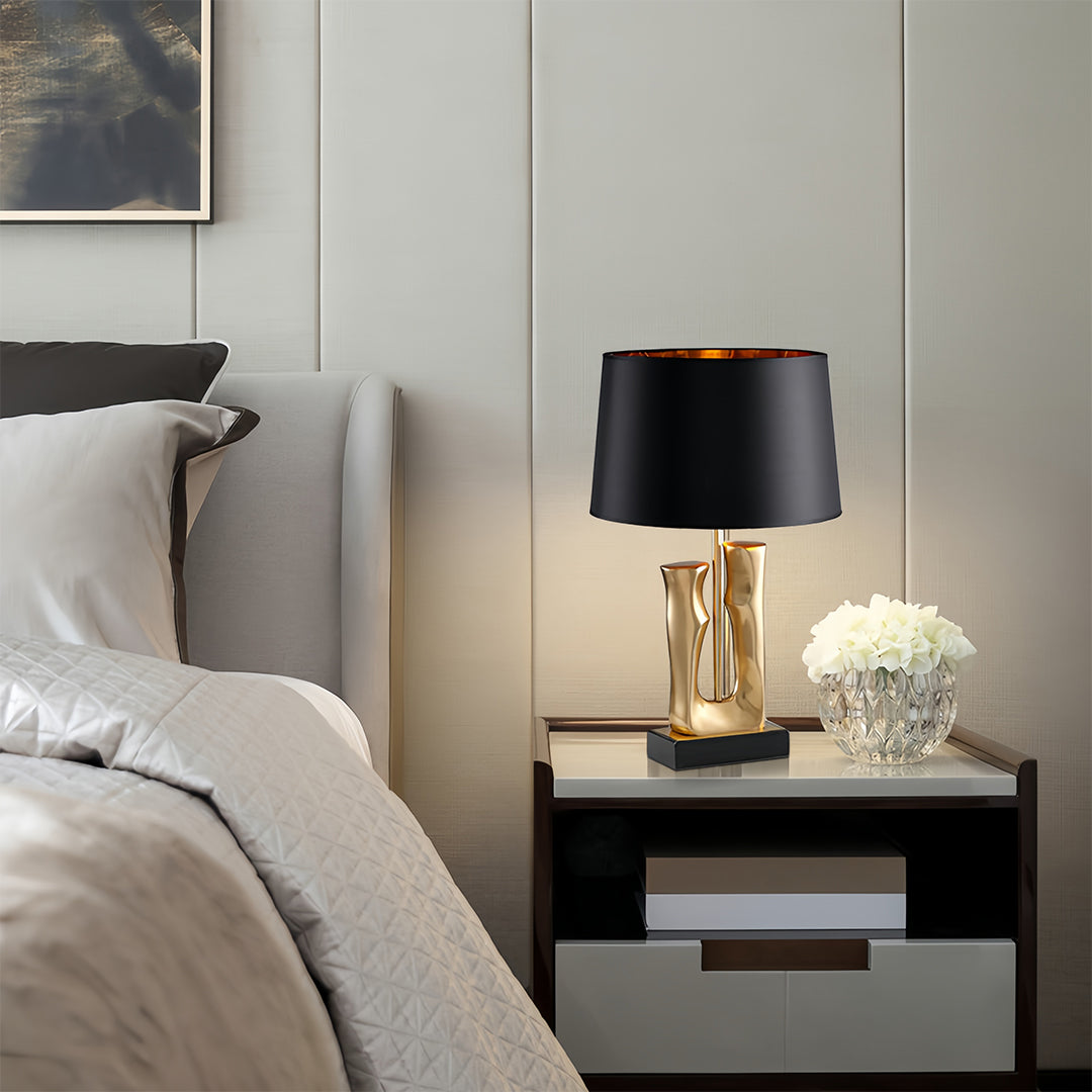 Sculptural Gold & Black Table Lamp with Elegant Drum Shade