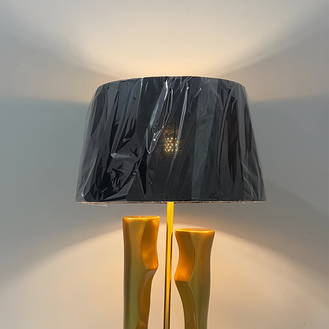 Sculptural Gold & Black Table Lamp with Elegant Drum Shade