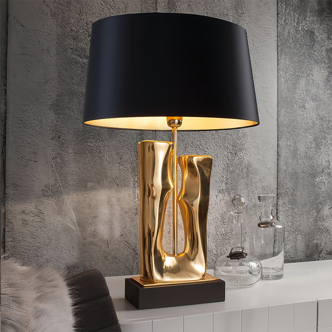 Sculptural Gold & Black Table Lamp with Elegant Drum Shade