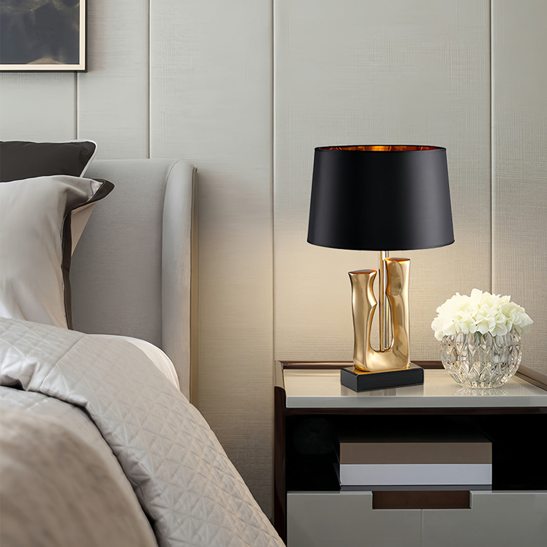 Sculptural Gold & Black Table Lamp with Elegant Drum Shade