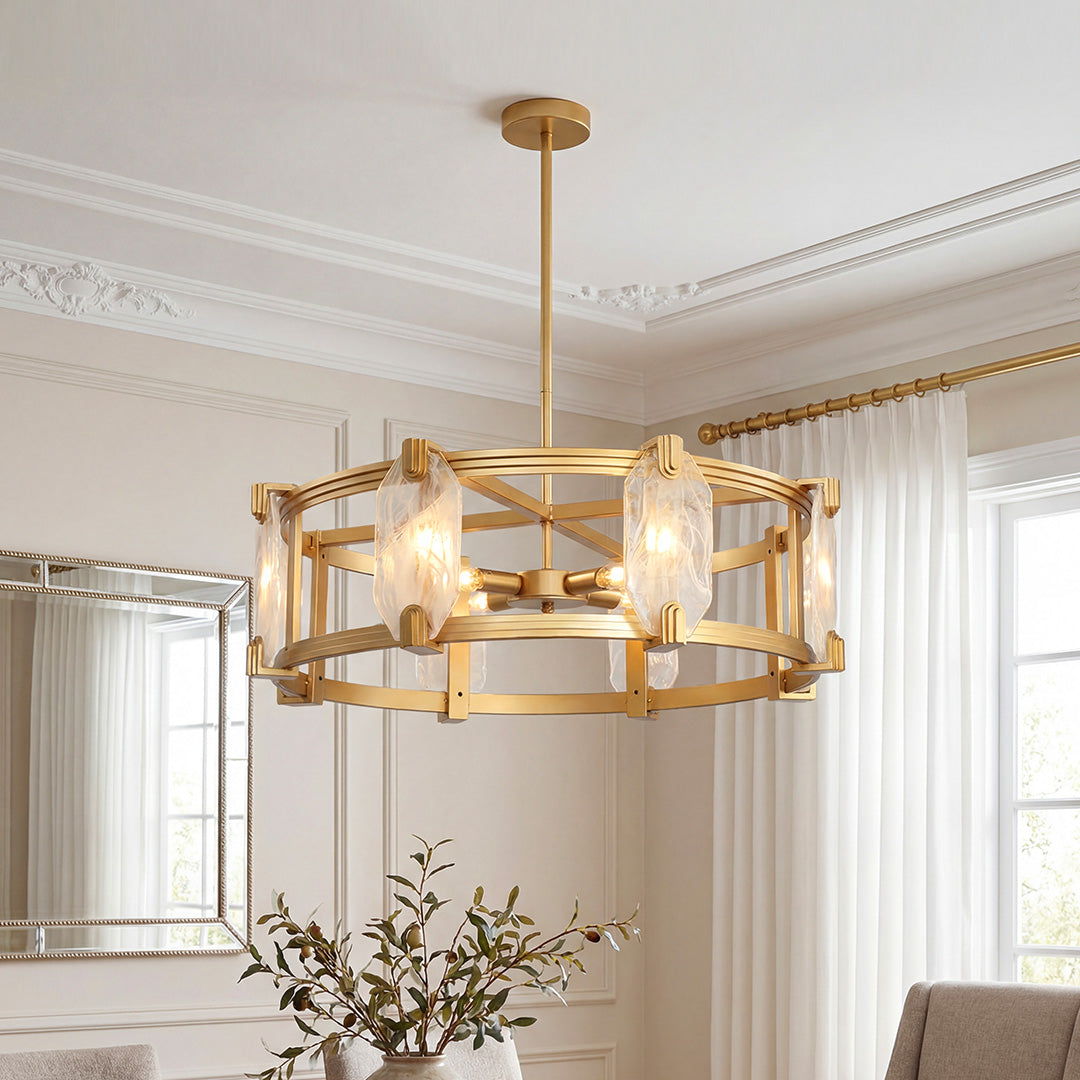Aurelia Round Glass Chandelier in Polished Brass for Dining and Living Spaces
