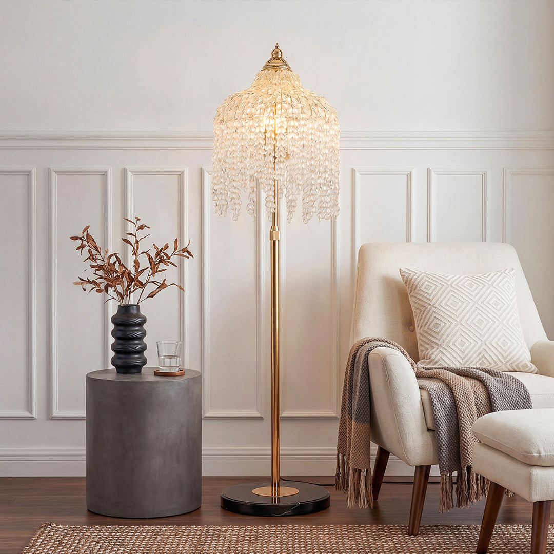 Lumière Crystal Floor Lamp in French Gold — Designer LED-Ready Lighting for Living Rooms & Studies