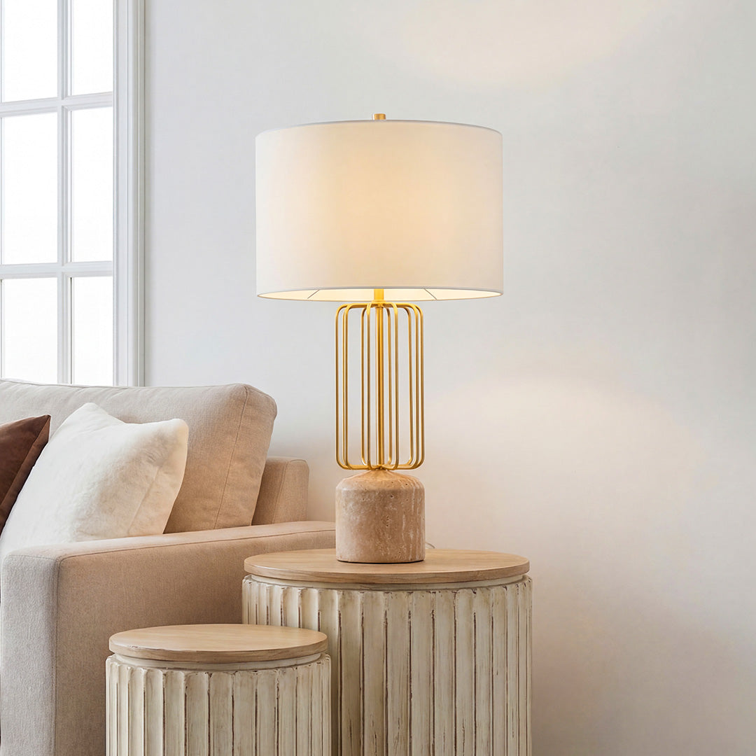Nordic Geometric Cage Table Lamp with Limestone Base and Fabric Shade