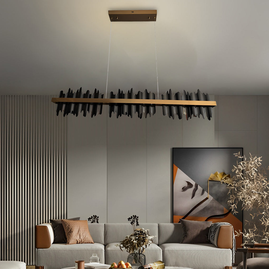 Linear Gold Pendant Light with Mountain Silhouette, Modern LED Chandelier