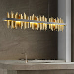 Linear Gold Pendant Light with Mountain Silhouette, Modern LED Chandelier