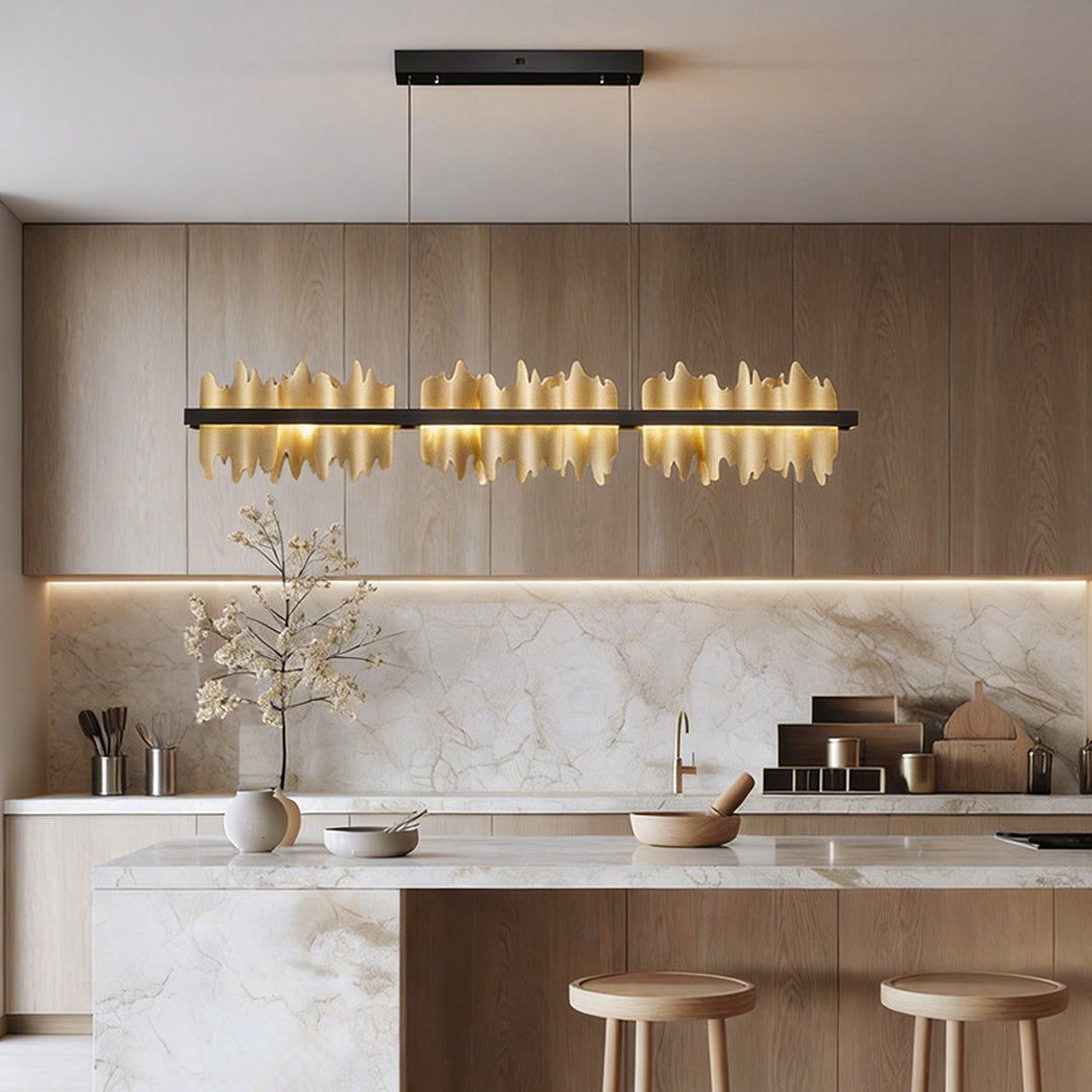 Linear Gold Pendant Light with Mountain Silhouette, Modern LED Chandelier