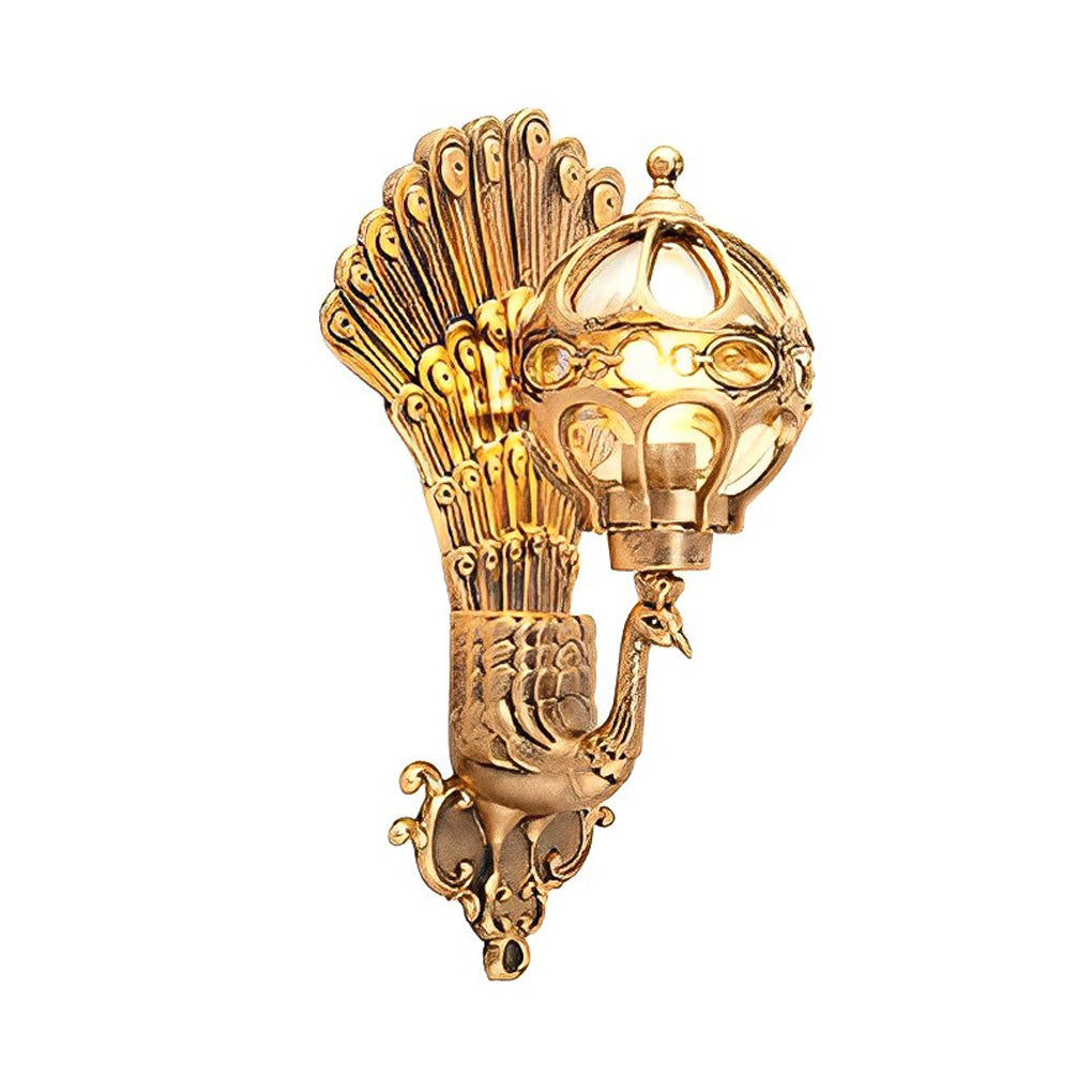 Artisan Outdoor Wall Sconce with Peacock Motif in Die-Cast Aluminum
