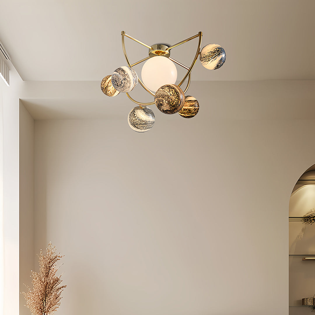 Gold Planet Semi Flush Ceiling Light – Modern Art Glass Shade