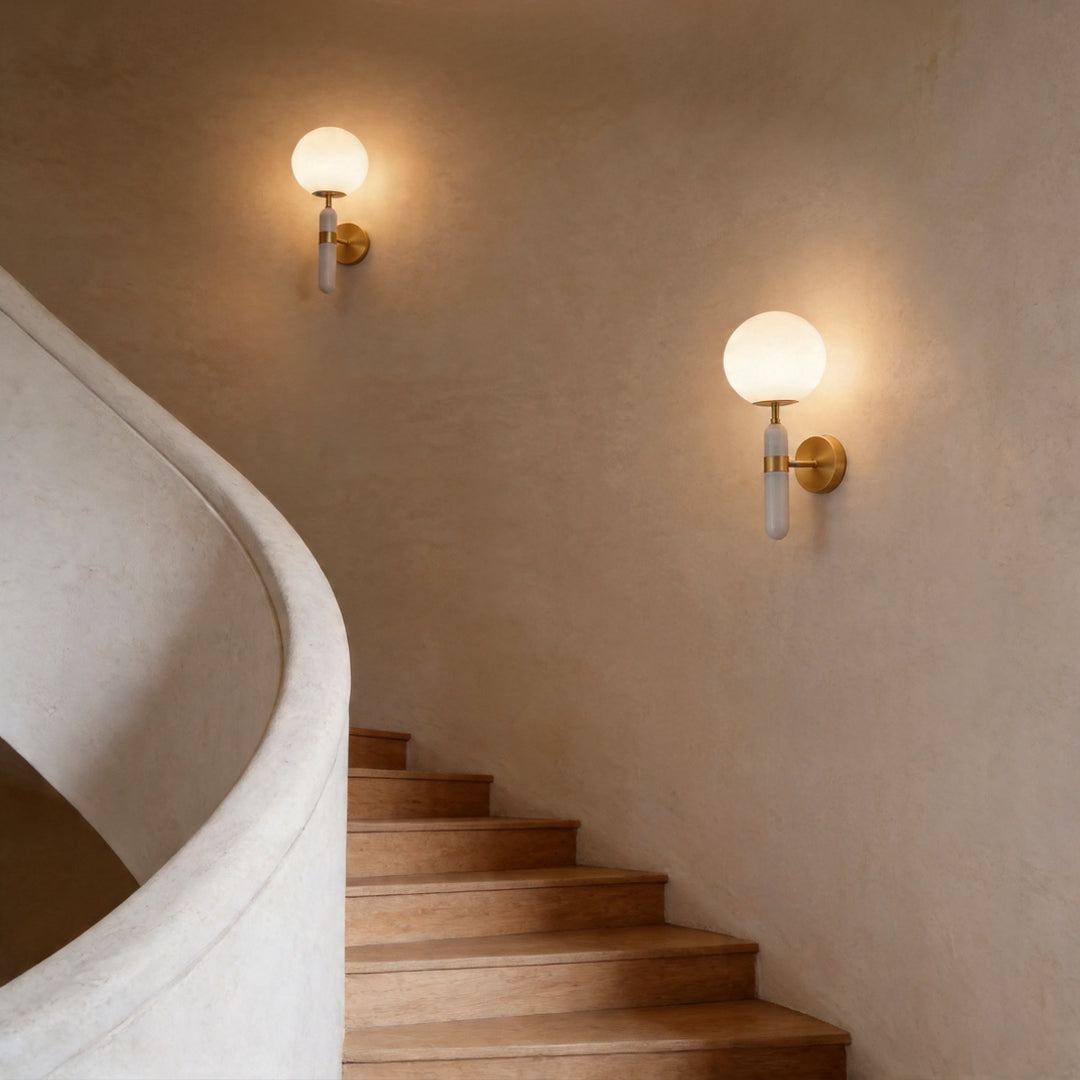 Modern Brass and Marble Wall Sconce with Opal Glass Shade