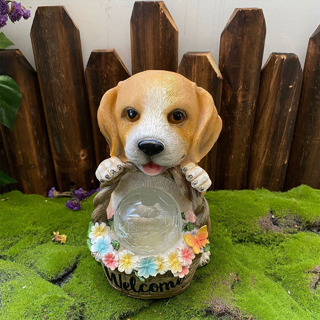 Solar-Powered Resin Puppy Garden Light with Flower Basket