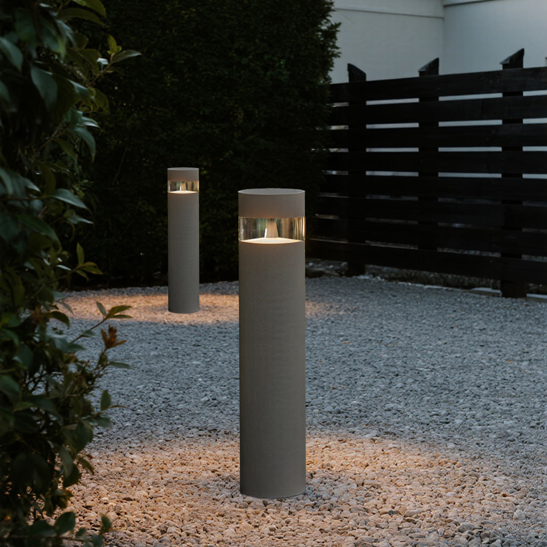 Modern Outdoor Pathway Bollard Light in Sand Gray Aluminum with Warm LED Glow