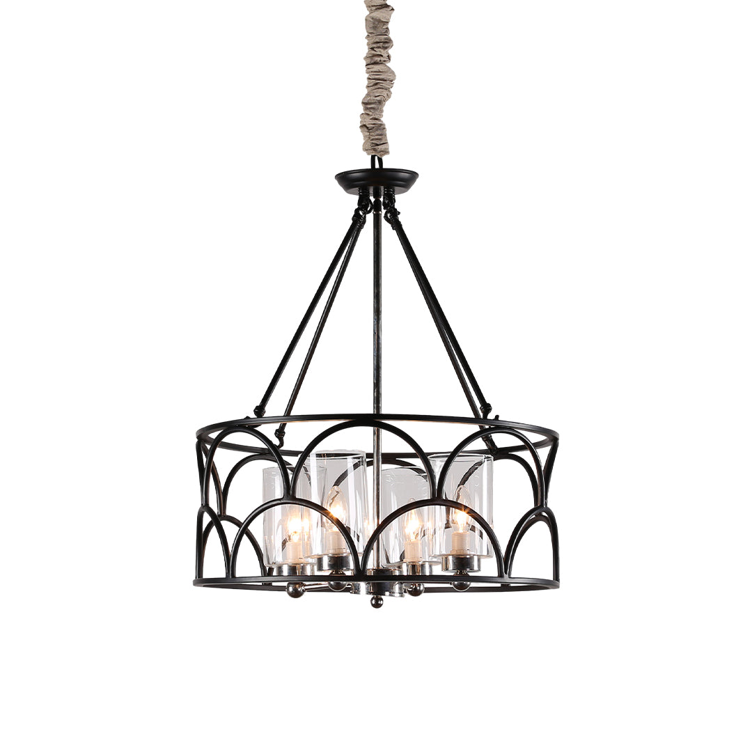 American Vintage Black Metal and Glass Chandelier with Adjustable Chain