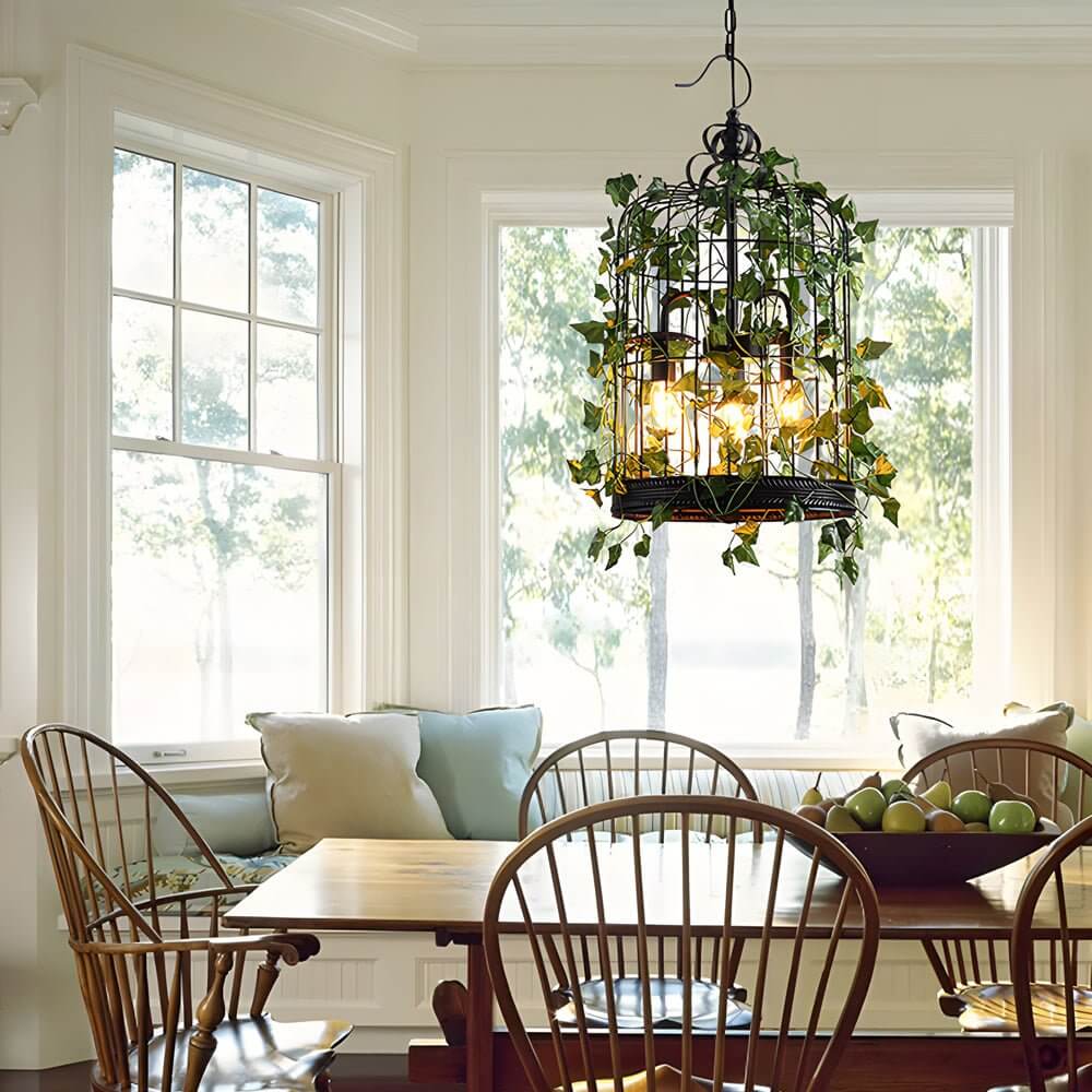 Vintage Iron Cage Pendant Light with Artificial Greenery and LED Bulbs