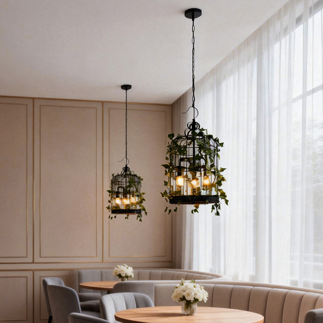 Vintage Iron Cage Pendant Light with Artificial Greenery and LED Bulbs