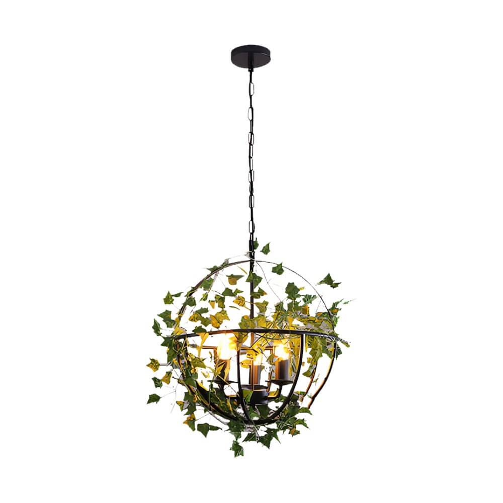 Vintage Iron Cage Pendant Light with Artificial Greenery and LED Bulbs