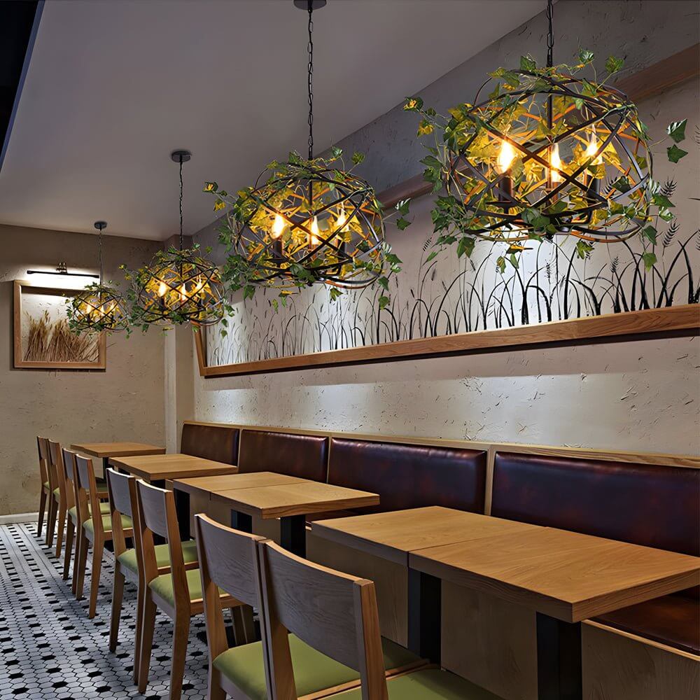 Vintage Iron Cage Pendant Light with Artificial Greenery and LED Bulbs