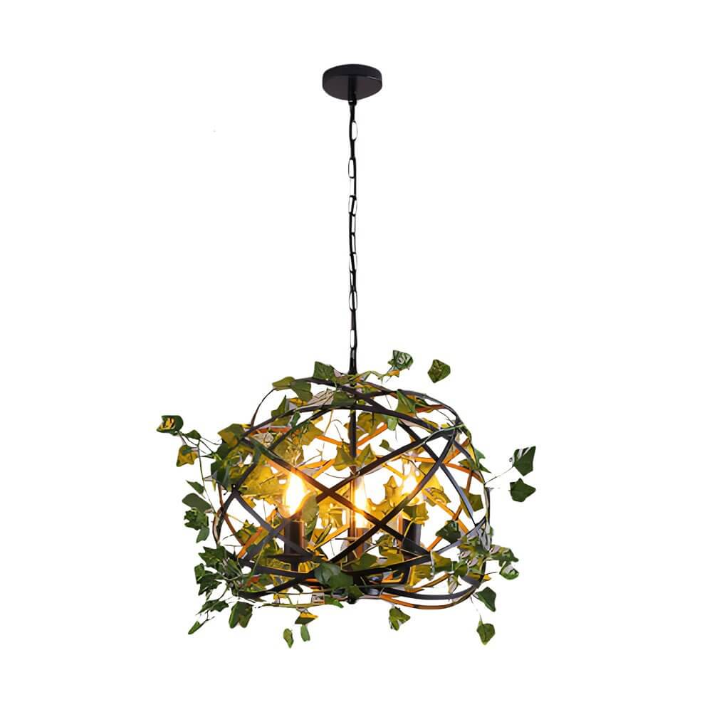 Vintage Iron Cage Pendant Light with Artificial Greenery and LED Bulbs