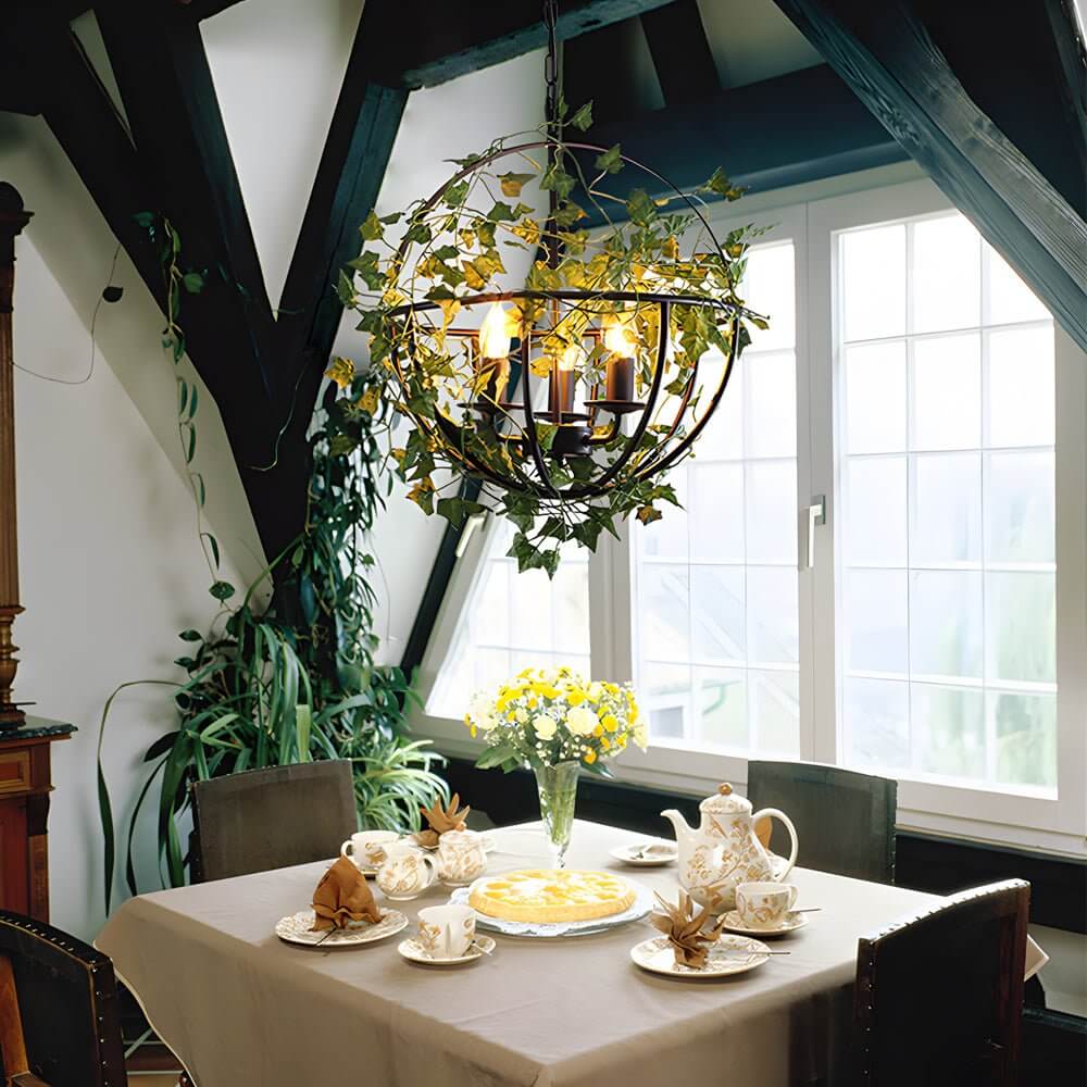 Vintage Iron Cage Pendant Light with Artificial Greenery and LED Bulbs
