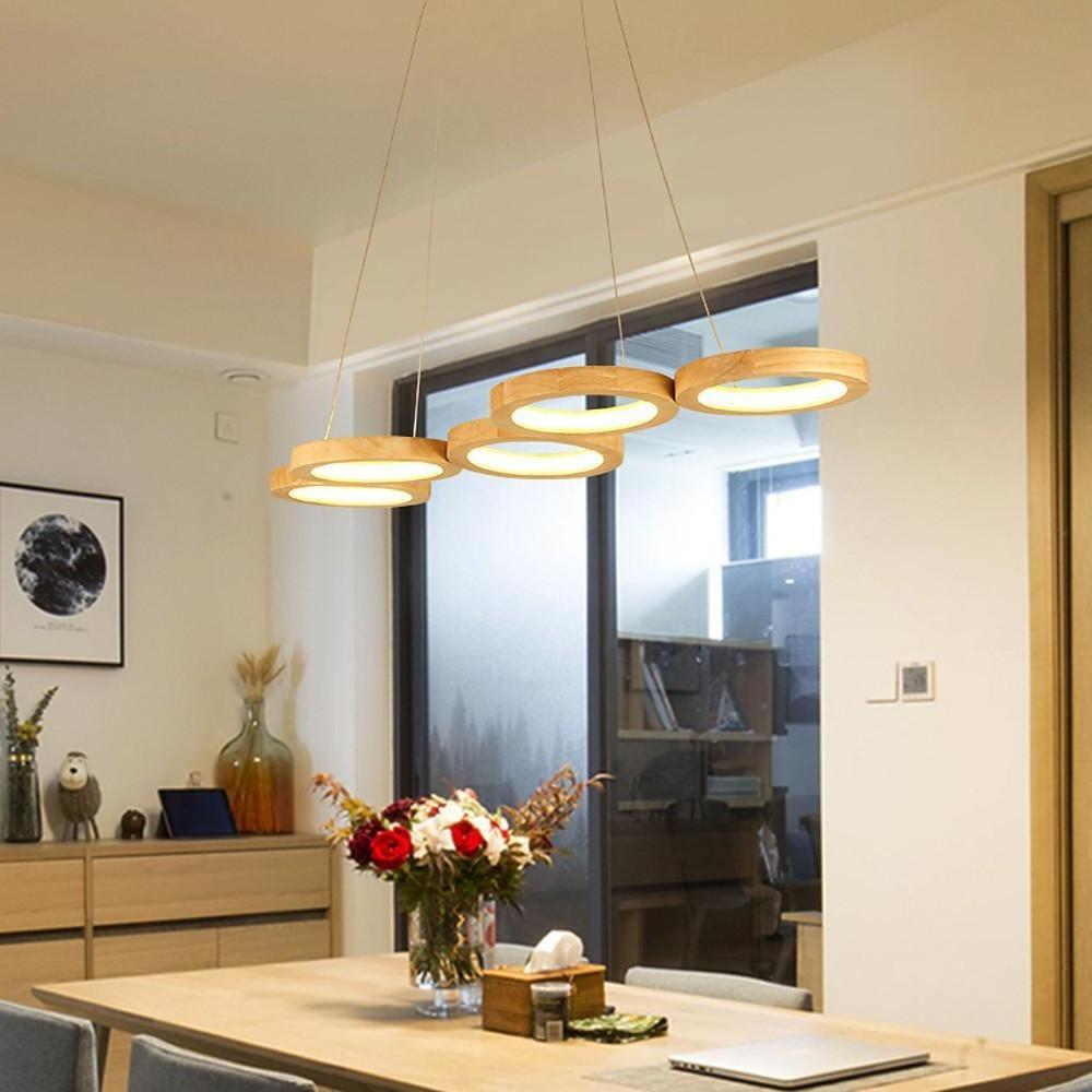 Modern Wood LED Chandelier with Four Ambient Rings for Dining and Living Spaces