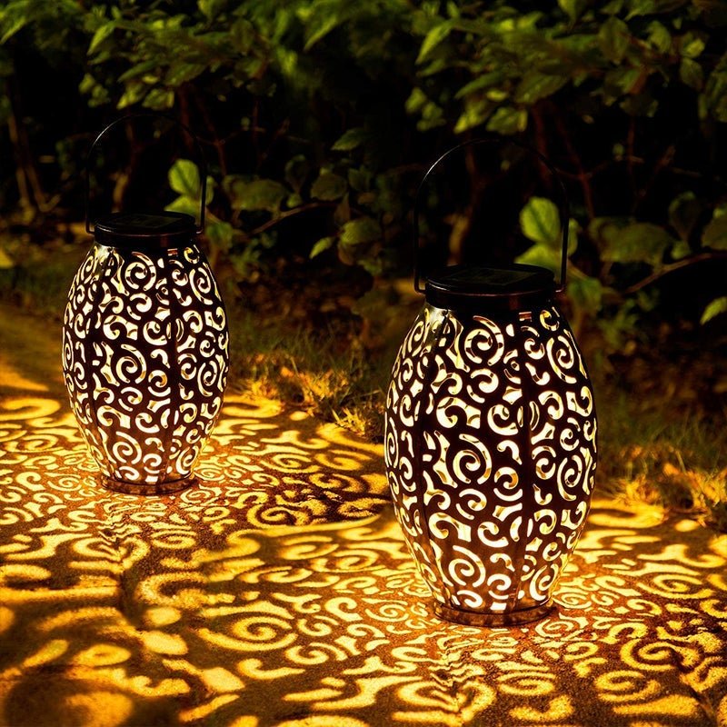 Vintage Red Copper Solar Lantern with Hollow Iron Design for Garden Paths