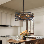 Walnut Accent Black Iron Drum Pendant Light, Adjustable Cylinder Ceiling Lamp