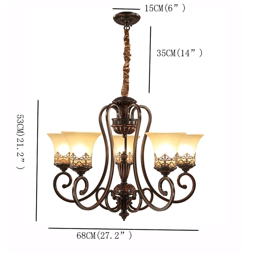 5 Light Bending Metal Bar Upside Down Glass Shade Vintage Chandelier Ceiling Light