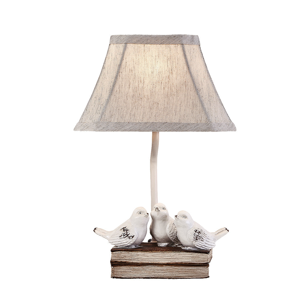 French Perched Bird Table Lamp on Stacked Books, Beige Fabric Shade