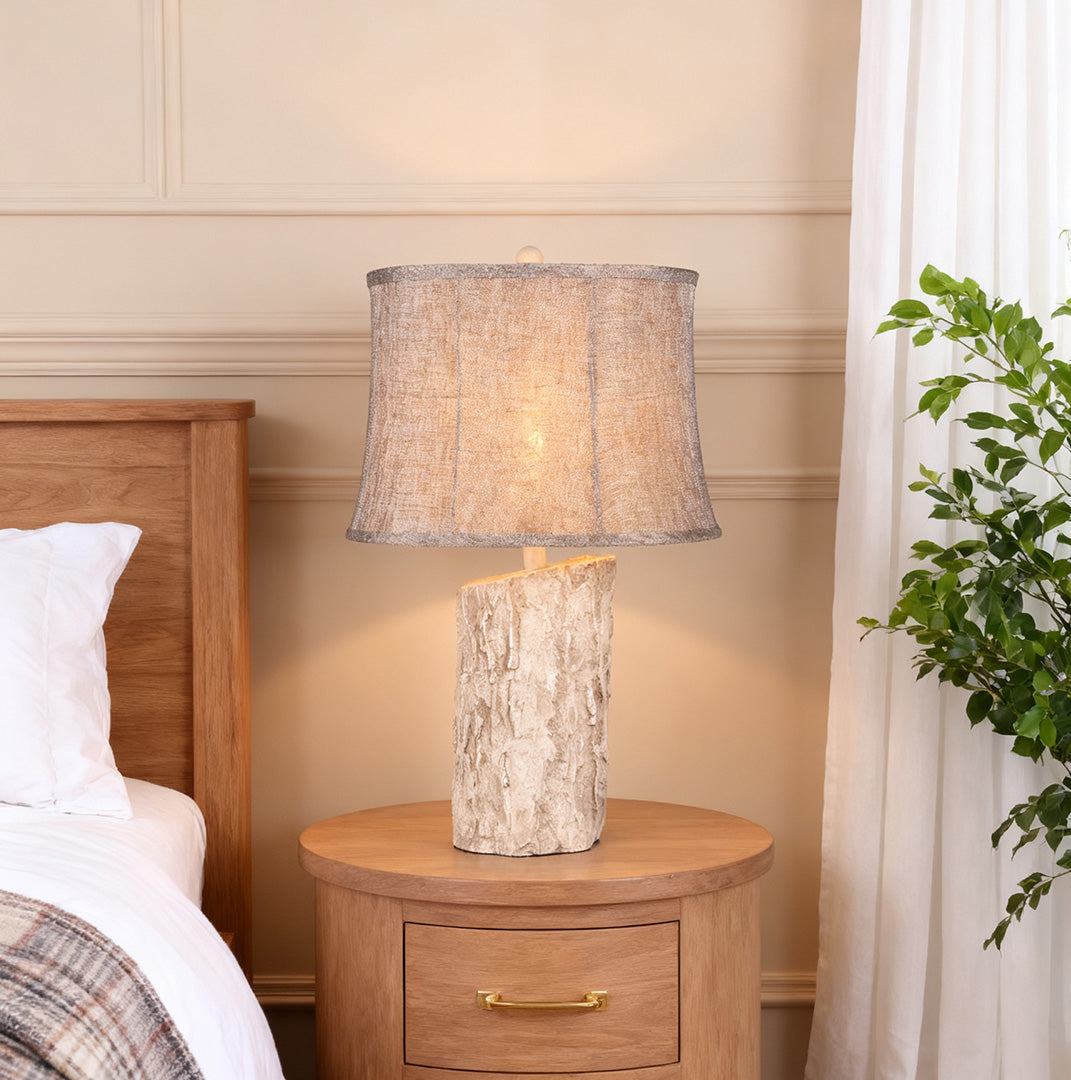 White Wood Table Lamp with Realistic Bark Fabric Shade