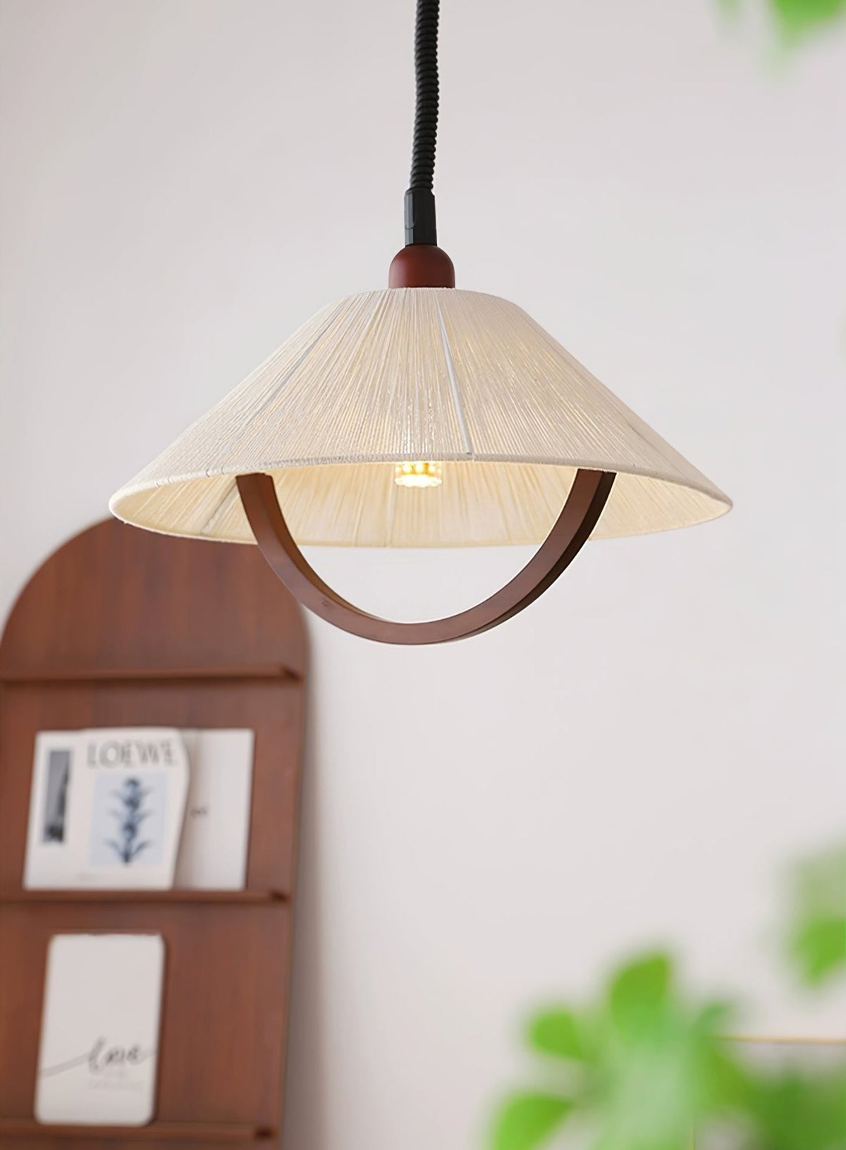 Nimbus Arc Pendant Light – Pleated Fabric Shade with Wood Accent