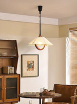 Nimbus Arc Pendant Light – Pleated Fabric Shade with Wood Accent
