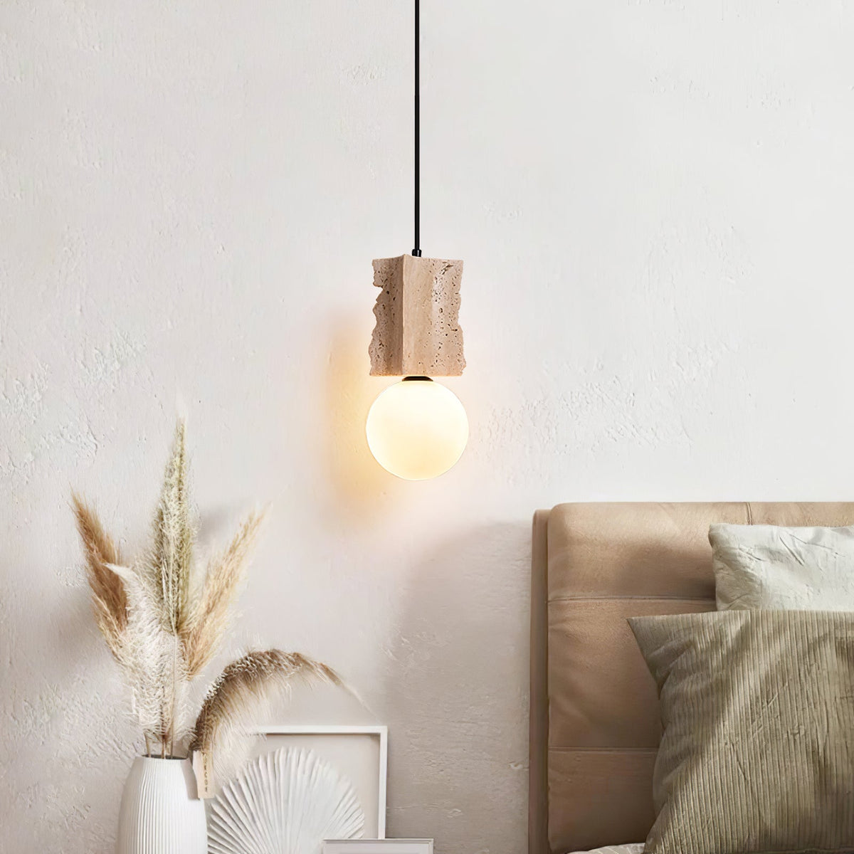 Terra Orb Pendant Light in Yellow Travertine with Opal Glass Globe