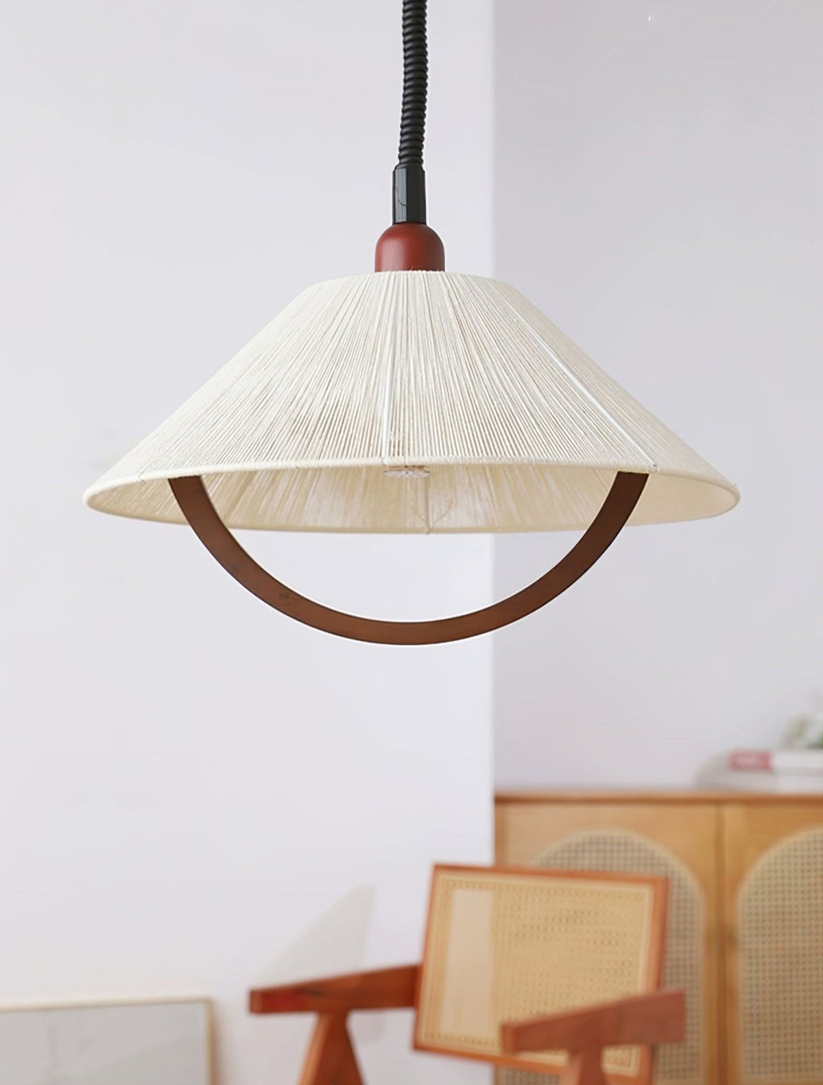 Nimbus Arc Pendant Light – Pleated Fabric Shade with Wood Accent