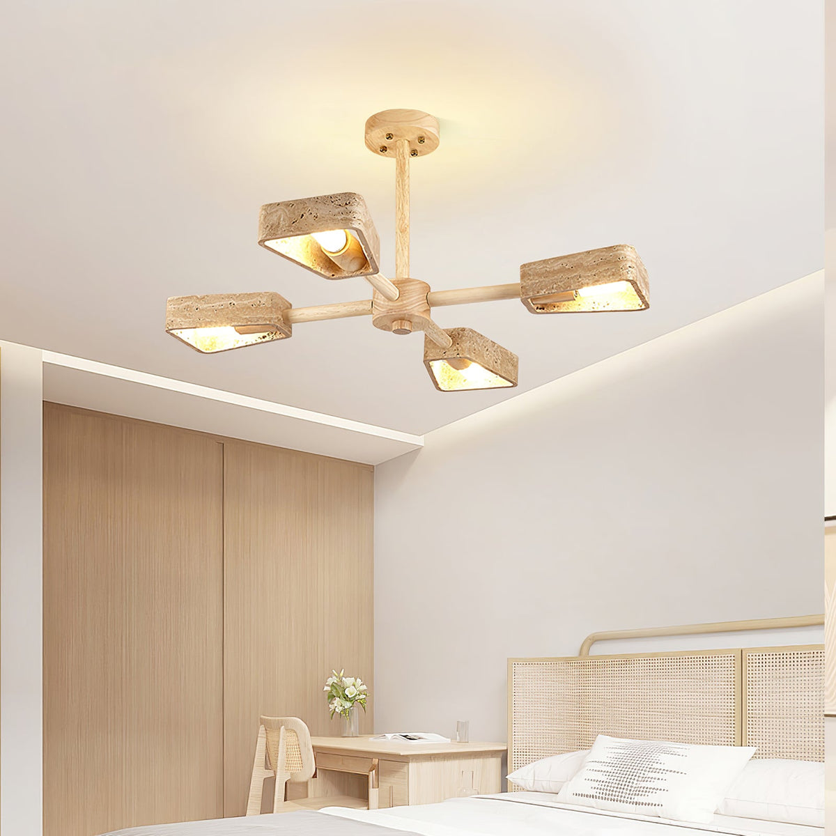 Elementa Travertine Chandelier — Modern Wood & Stone Pendant Light