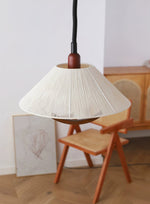 Nimbus Arc Pendant Light – Pleated Fabric Shade with Wood Accent