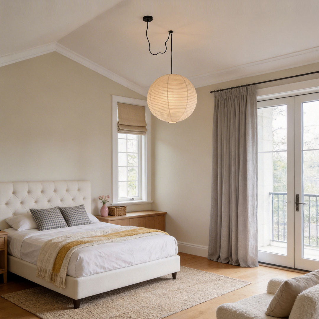 Japanese Paper Pendant Light with Adjustable Cord, Warm Ambient Ceiling Lamp