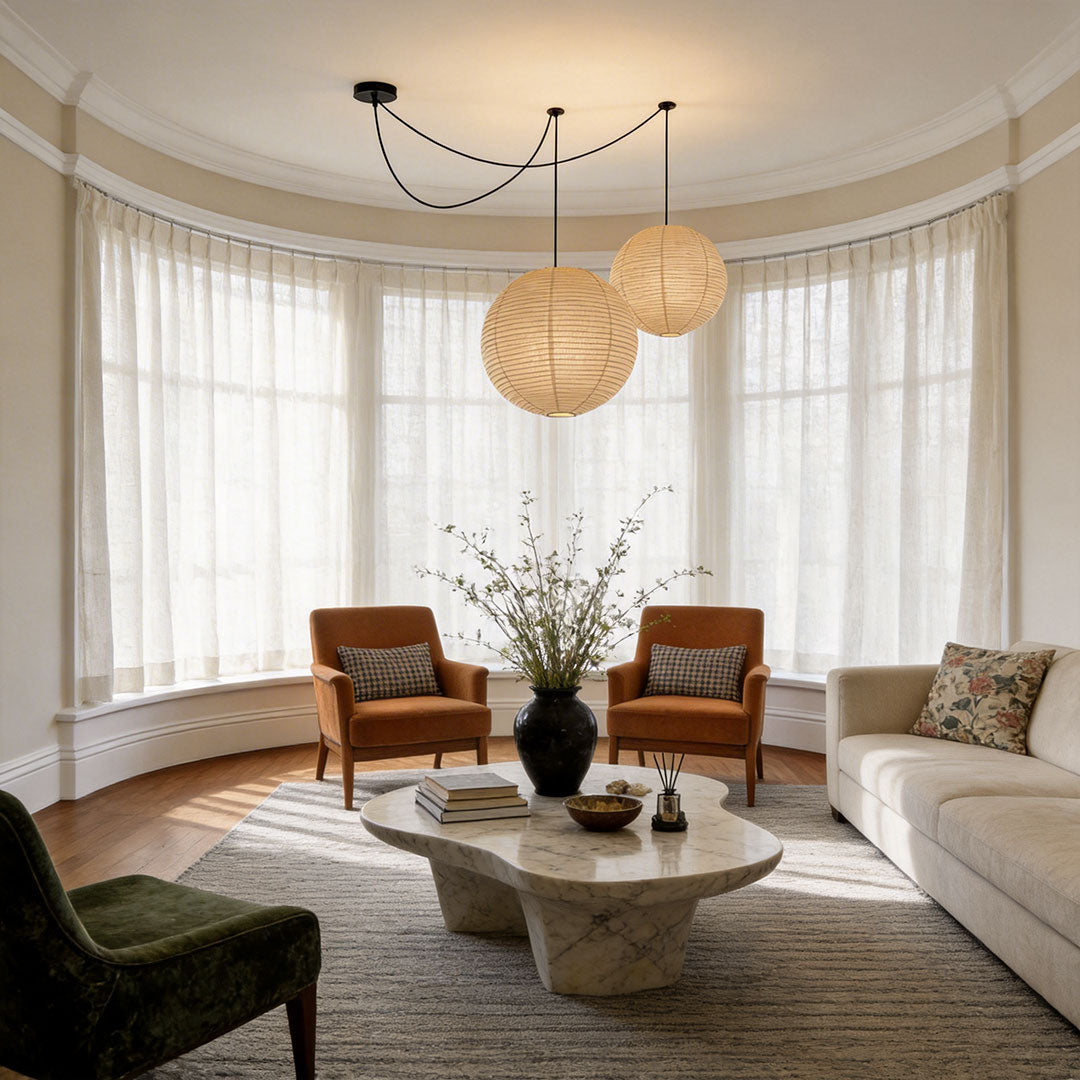 Japanese Paper Pendant Light with Adjustable Cord, Warm Ambient Ceiling Lamp