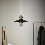 Industrial Vintage Pendant Light with Walnut Accents, Adjustable Hanging Chain