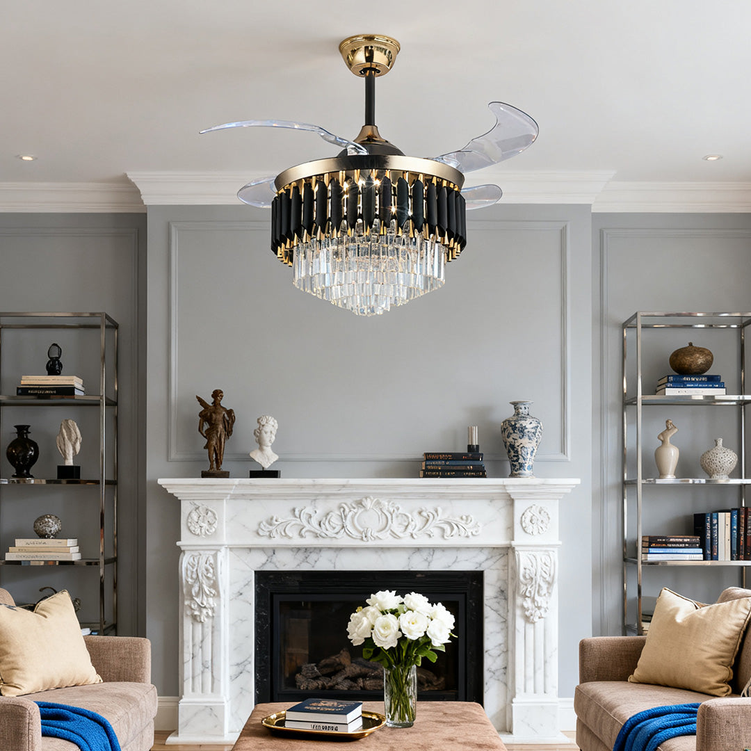 Luxury Black Ceiling Fan with Crystal Light and Transparent Blades